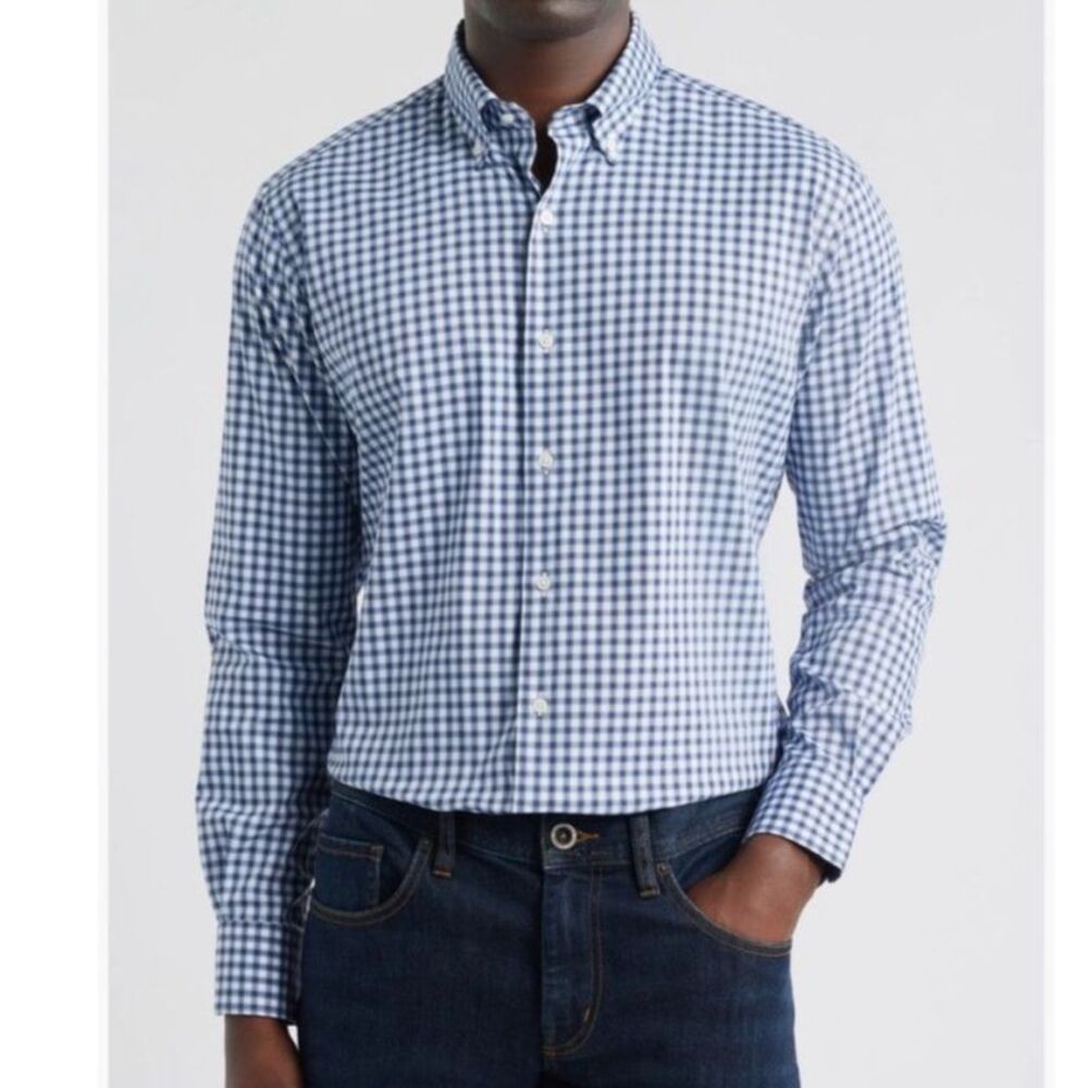 Peter Millar Men's Blue White Gingham Check 100% Cotton LS Buttondown Shirt Sz L